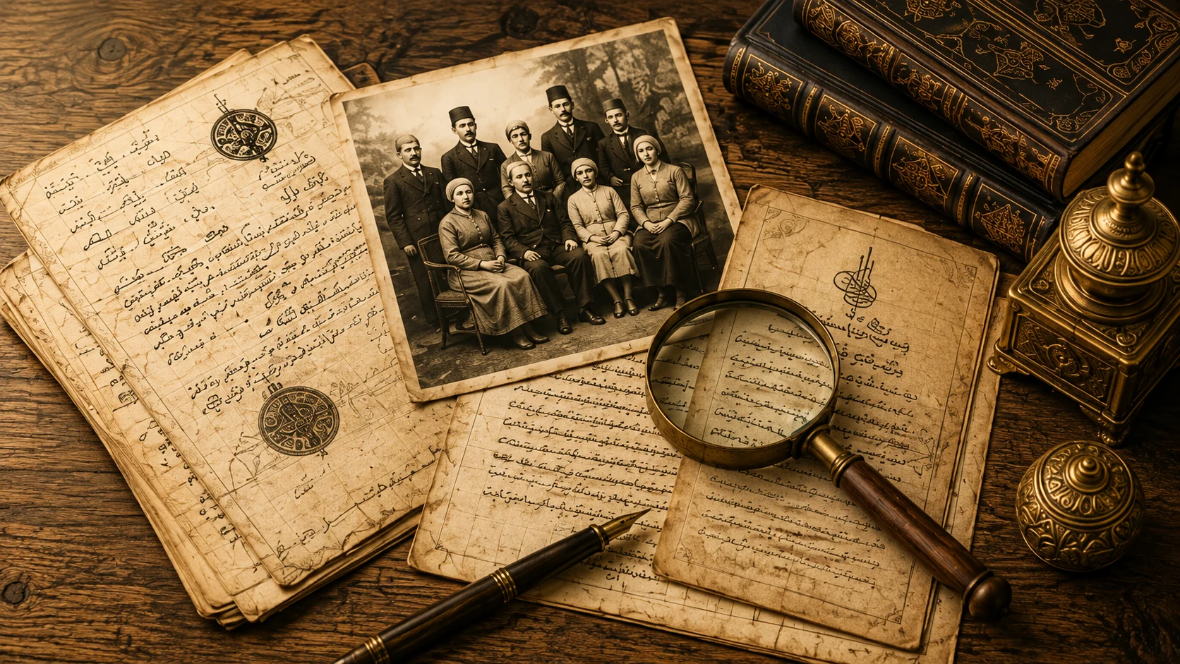 Decorative archival composition of historical documents, seals and research materials