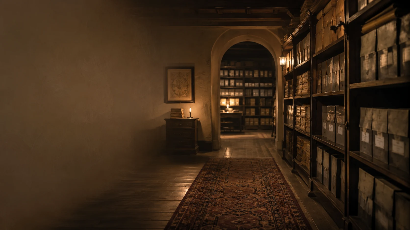 Decorative archival interior with historical boxes, shelving and research materials