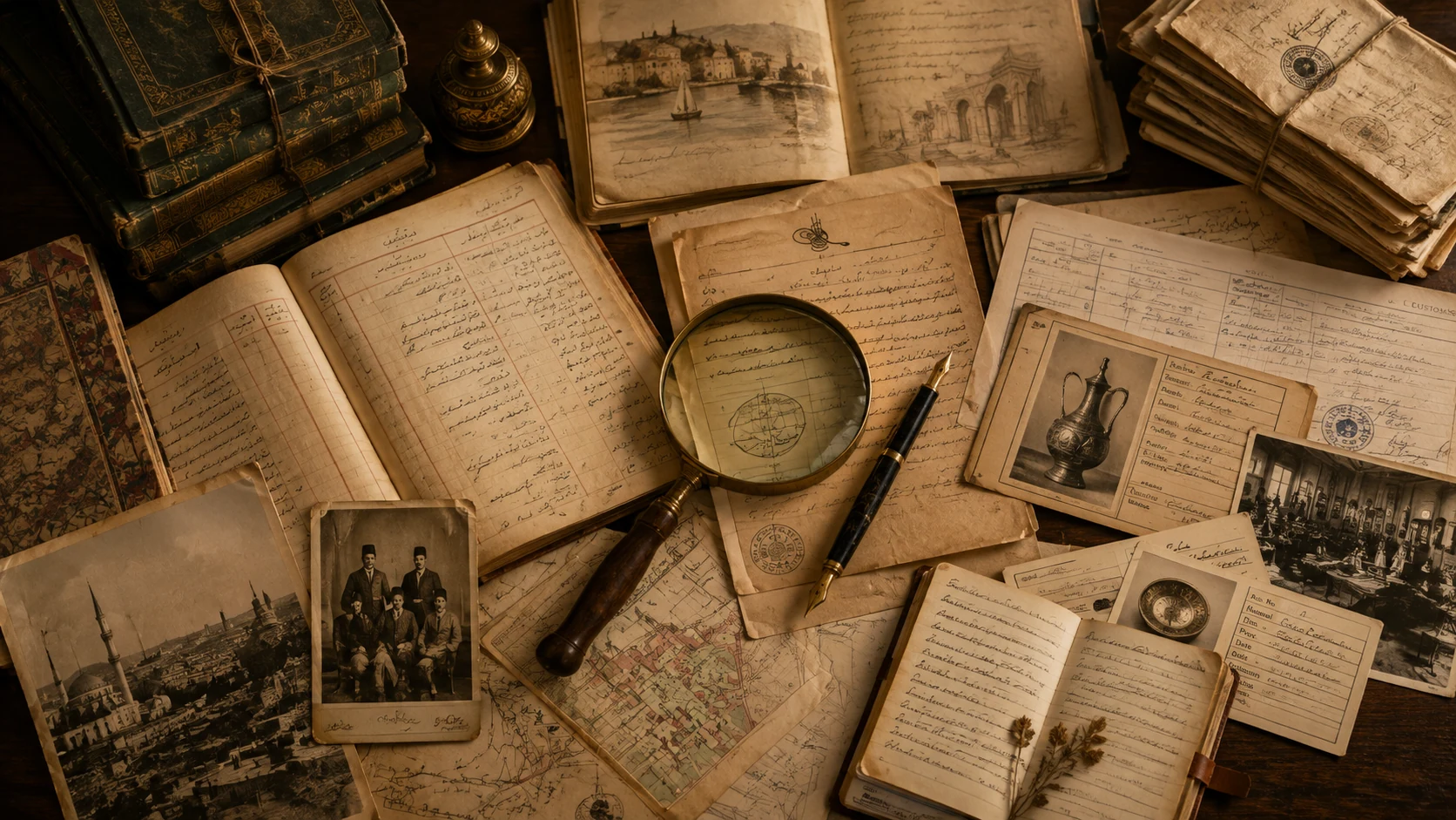 Decorative archival still life of registers, photographs, books, documents, maps and research tools
