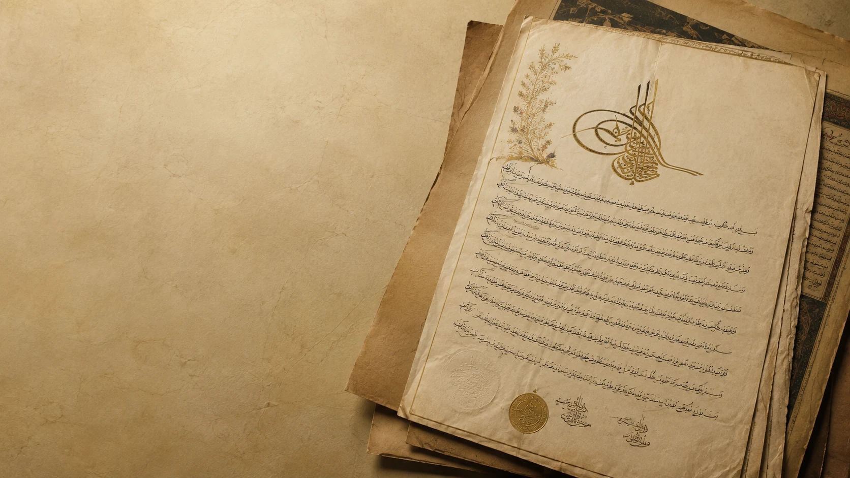 Decorative historical manuscript with Ottoman calligraphic emblem and documentary seals
