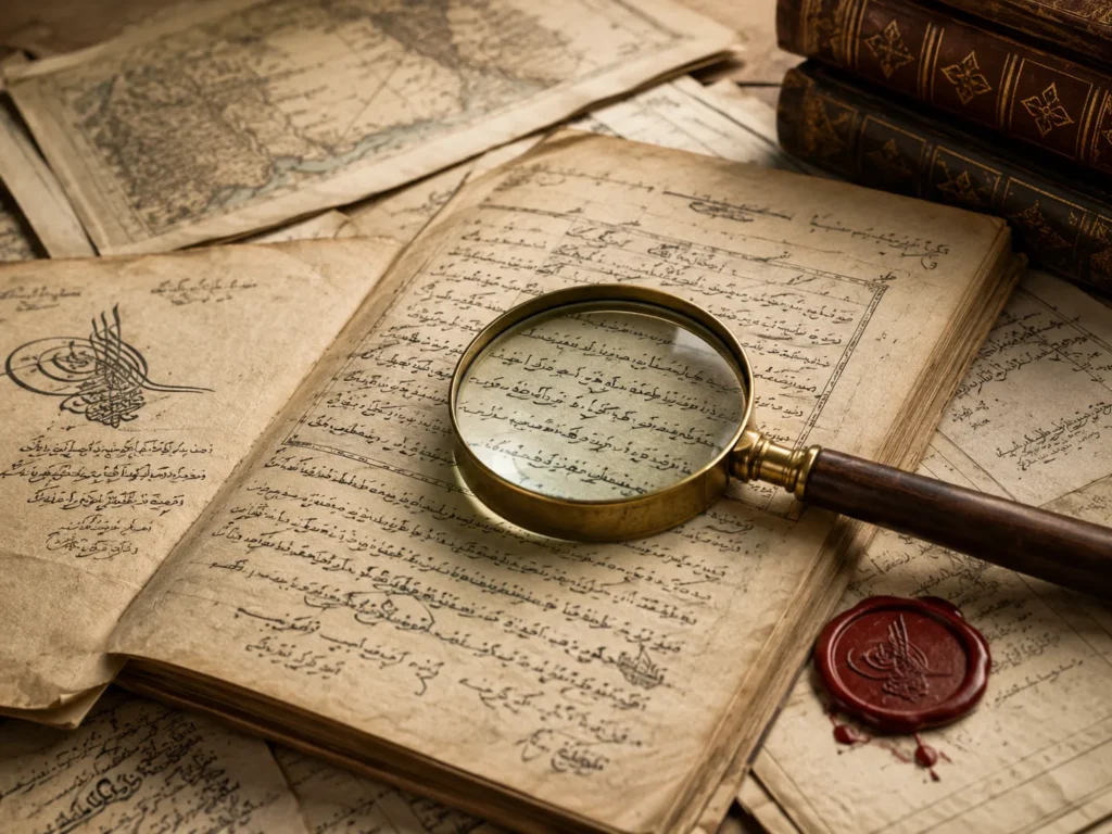 Historical manuscript pages examined with a magnifying glass
