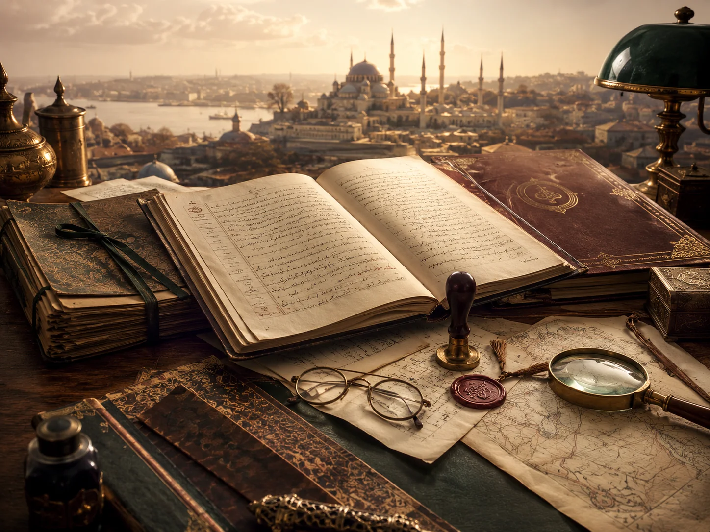 Ottoman manuscripts and archival research materials with a historical Istanbul view