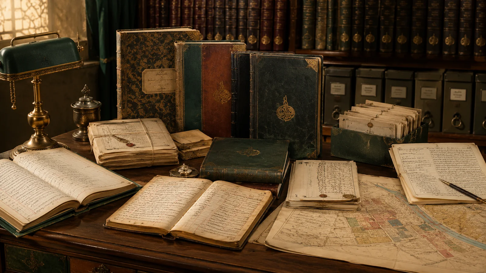 Archival table with historical registers, correspondence, volumes and maps