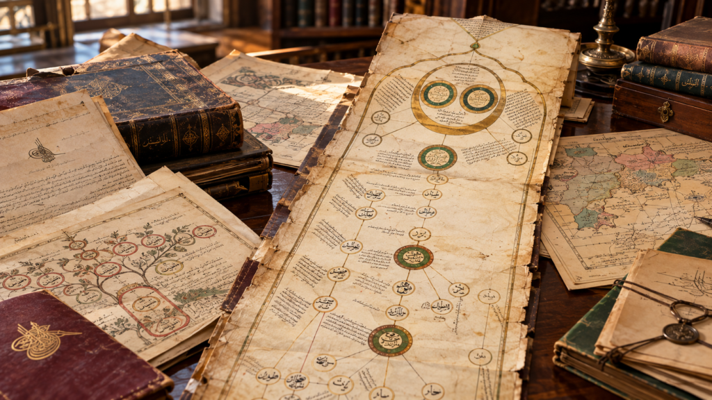 Ottoman family history, archival and heritage materials arranged on a research table