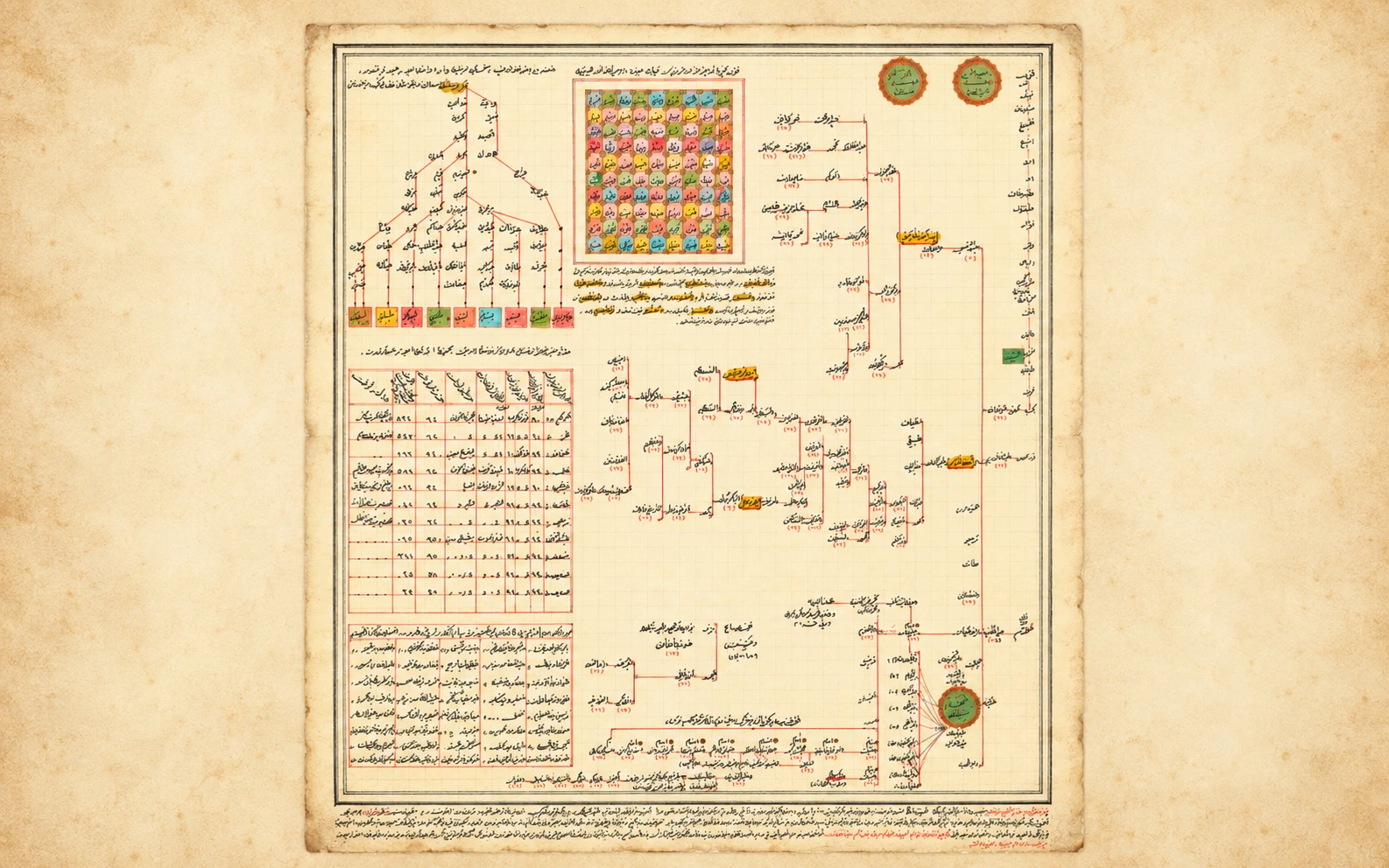 Archival family photograph, family tree and Ottoman manuscripts arranged for genealogical research