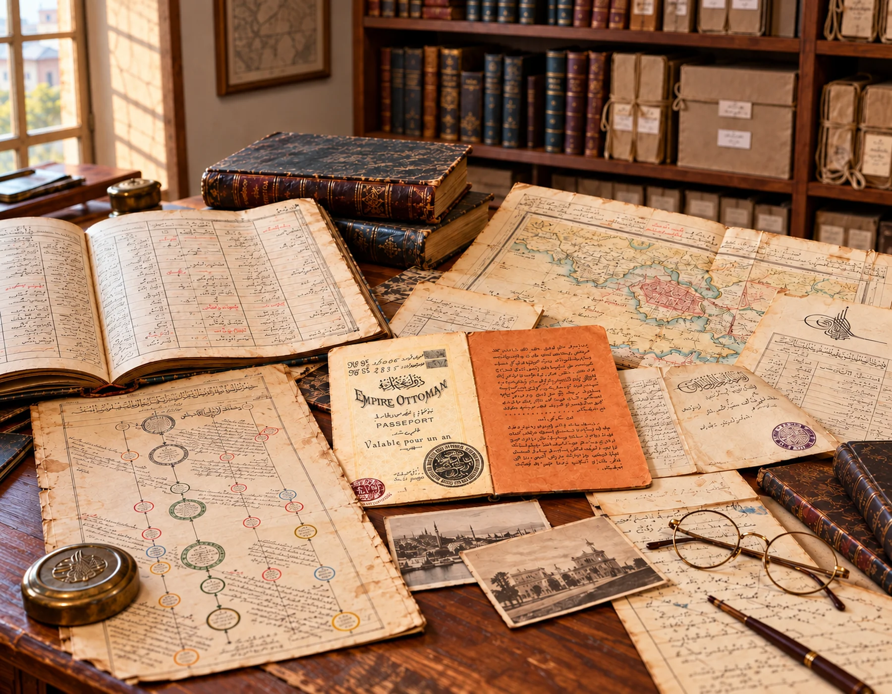 Family tree, map and archival documents illustrating historical source research