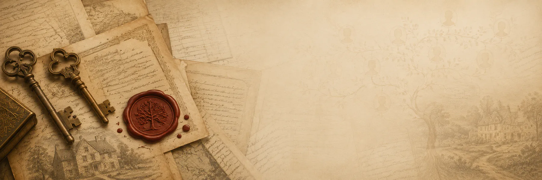 Decorative historical map composition with archival books and magnifying glass