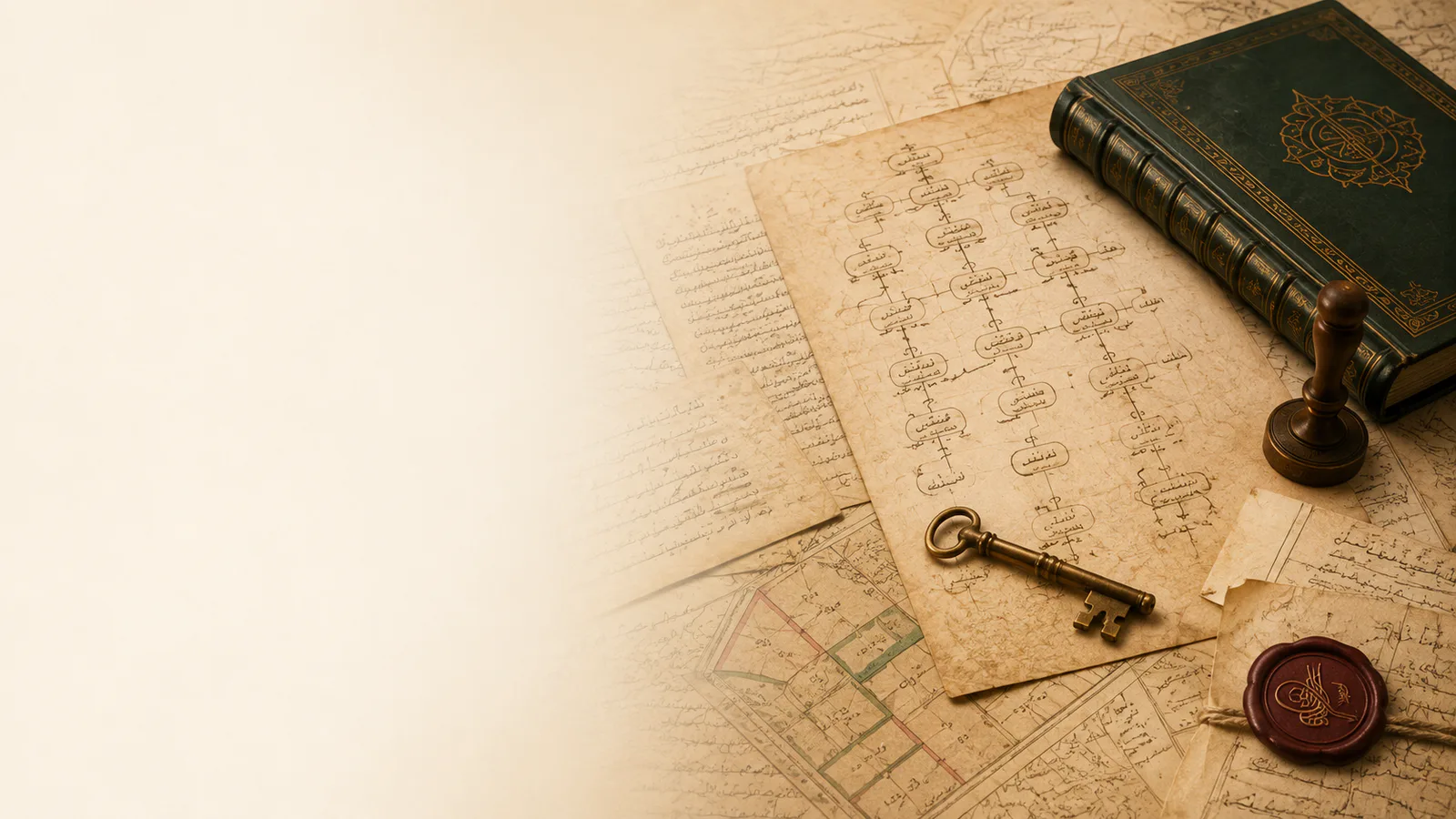 Decorative archival composition with Ottoman-style manuscript, historical books, seal, magnifying glass and city view