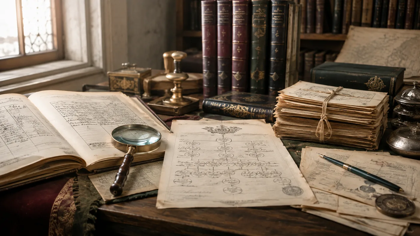 Historical register, family-tree document and related archival materials arranged for documentary research