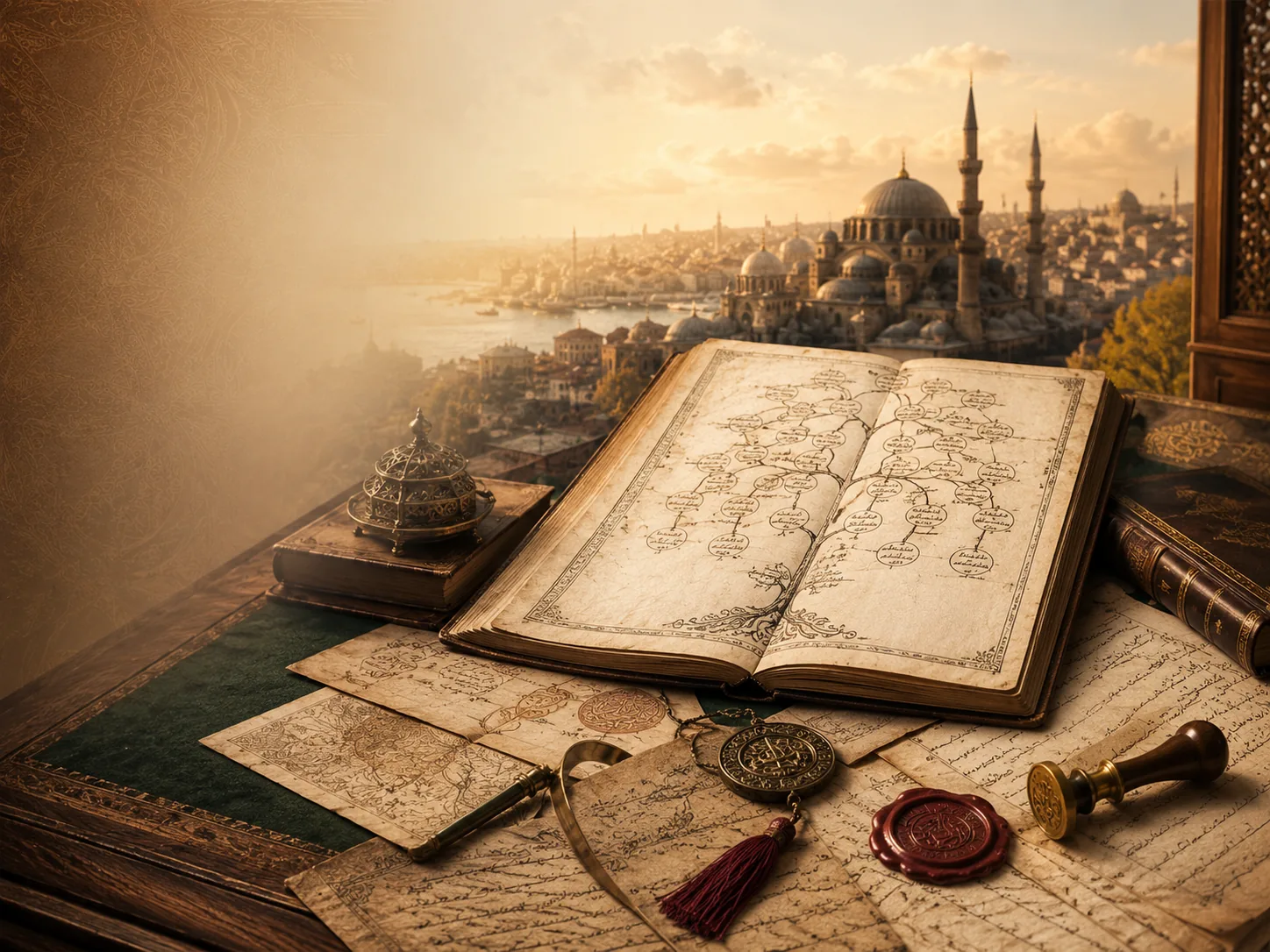 Open historical family-tree volume with Ottoman documents, seal and Istanbul in the distance