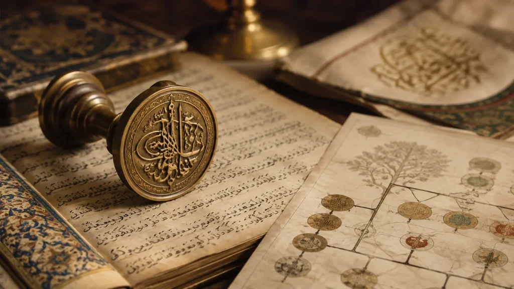 Ottoman seal beside a historical manuscript and family-lineage document