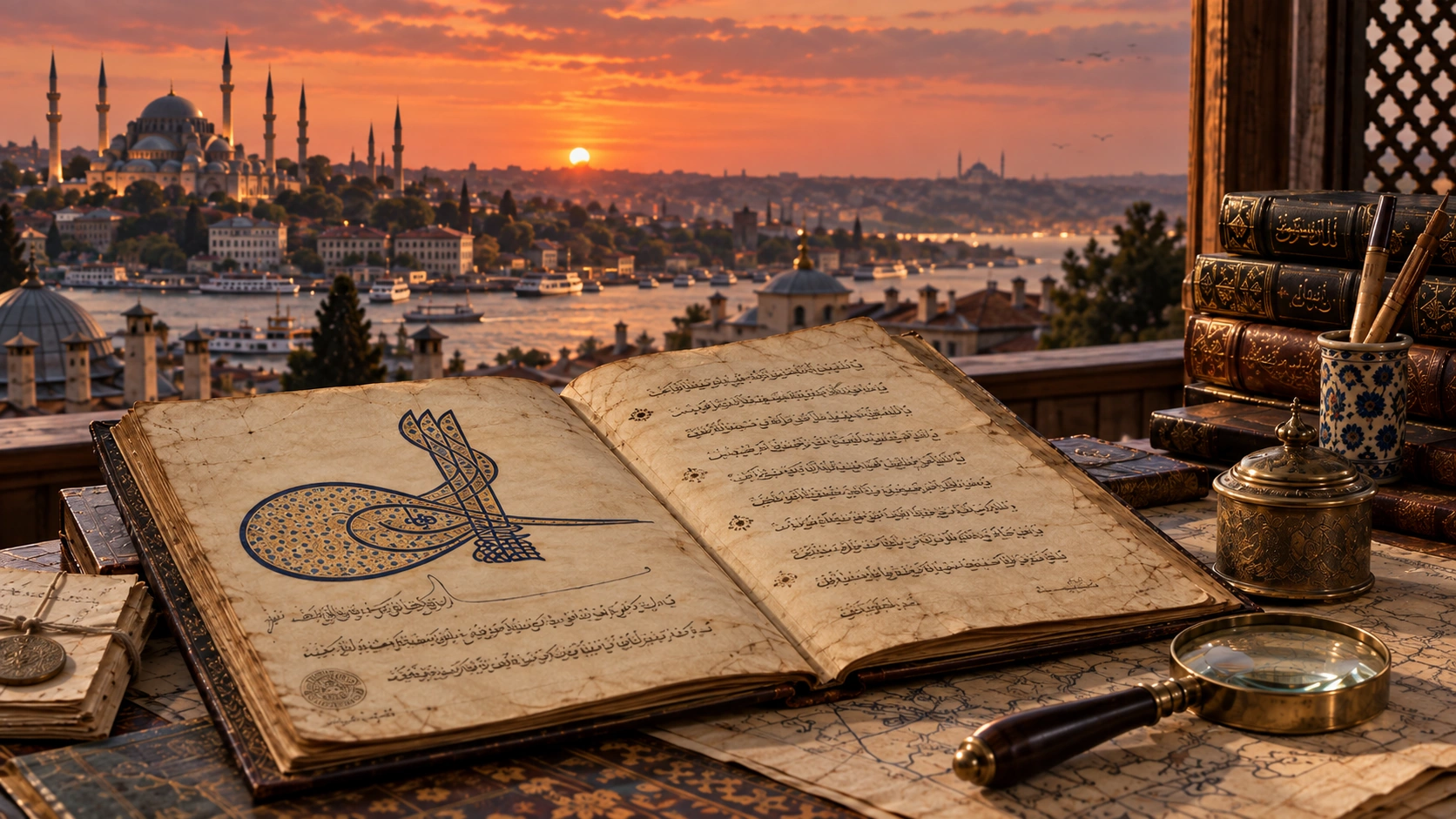 Ottoman archival and heritage research with historical manuscripts overlooking Istanbul