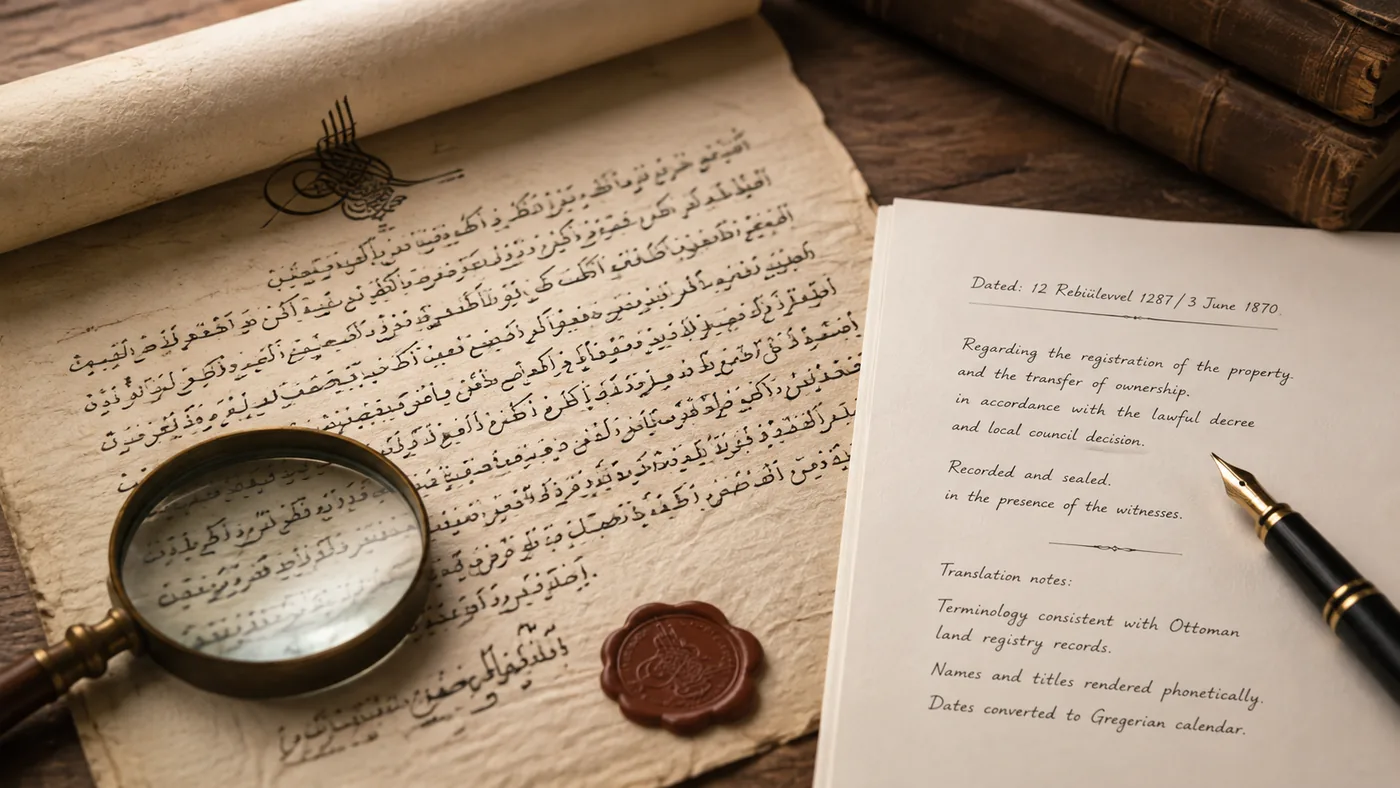 Historical document beside a modern notes page, magnifying glass and seal