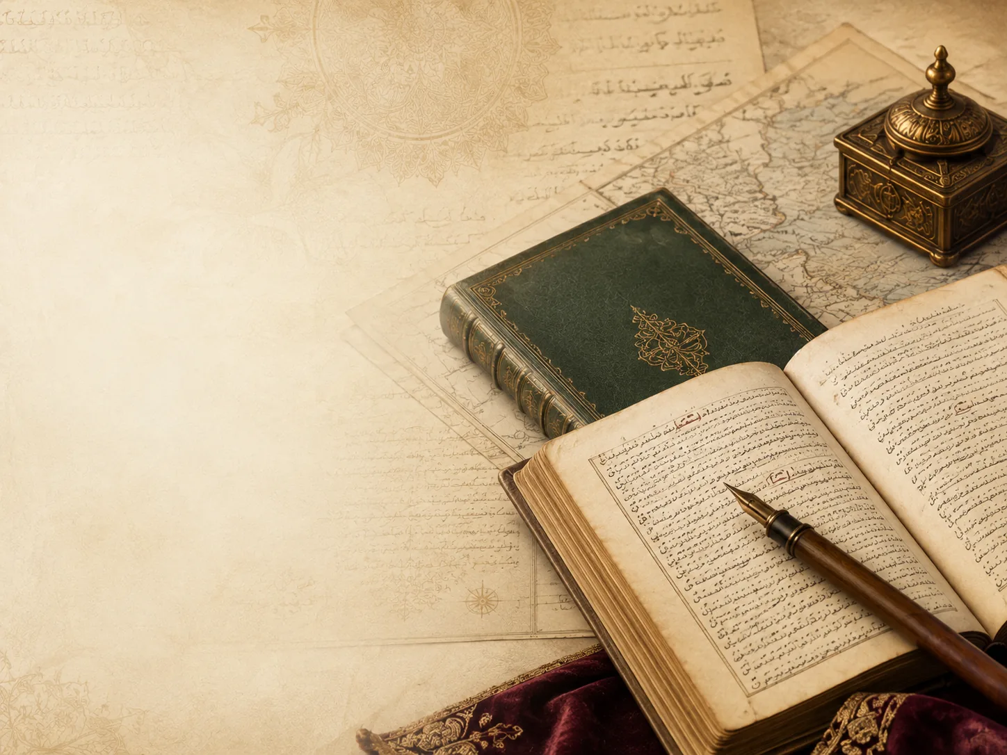 Historical manuscript, archival book, map and writing instrument arranged for document research
