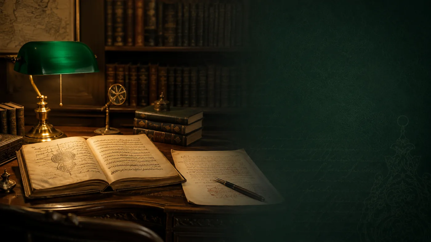 Archival library desk with historical manuscripts and a reading lamp